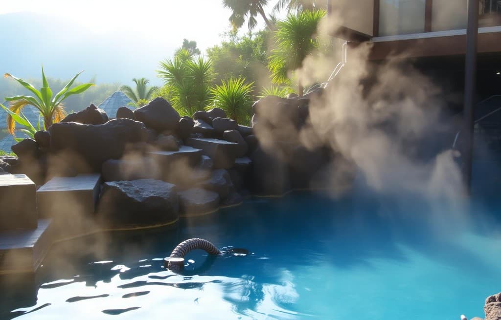Vapeur s'élevant d'un bassin d'eau thermale naturelle aux pierres volcaniques
