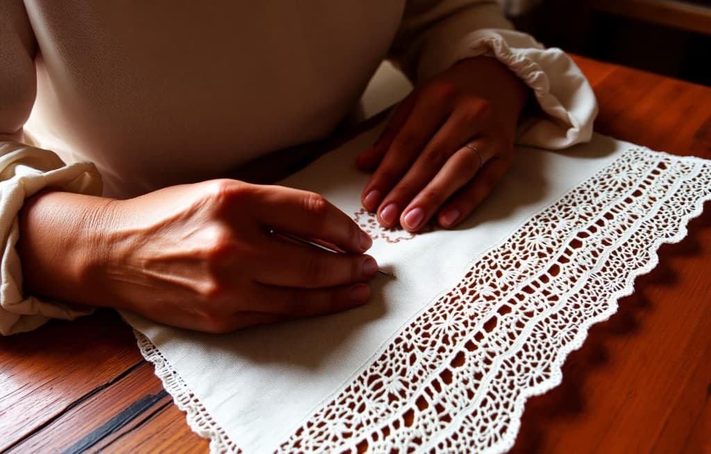 Mains d'artisane brodant à la main une dentelle blanche traditionnelle de Cilaos sur du lin crème