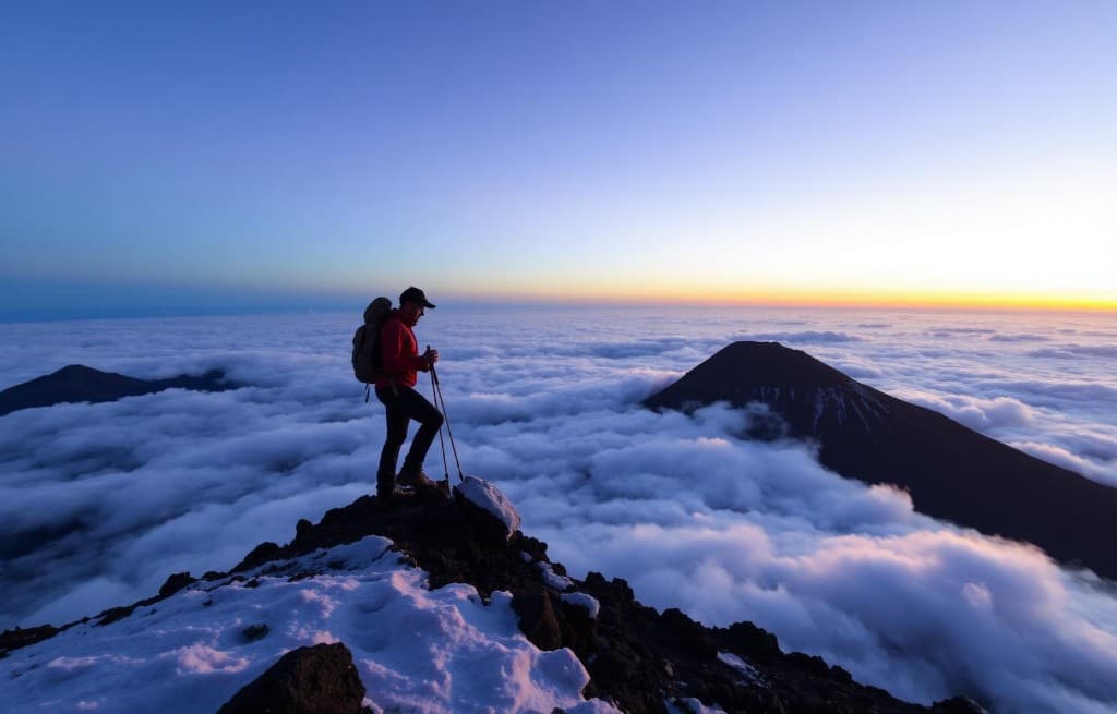 Randonneur sur le sommet du Piton des Neiges au lever du soleil au-dessus de la mer de nuages
