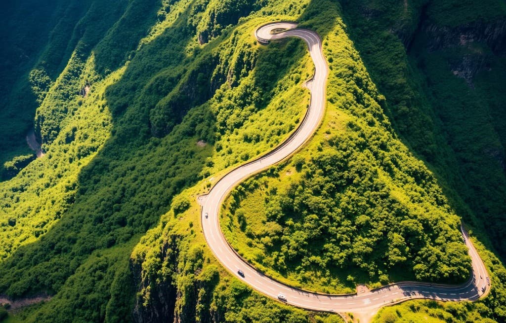 Vue aérienne de la route des 400 virages serpentant dans la végétation tropicale vers Cilaos