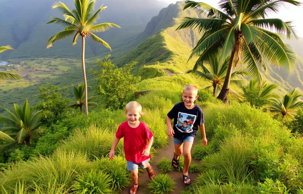 Deux enfants jouant joyeusement sur un sentier tropical avec vue sur le Cirque de Cilaos