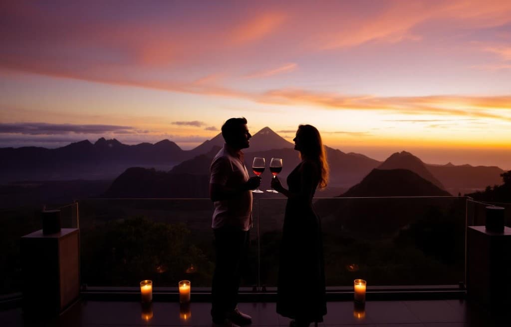 Couple silhouette sur terrasse face aux montagnes du Cirque de Cilaos au coucher du soleil avec deux verres de vin
